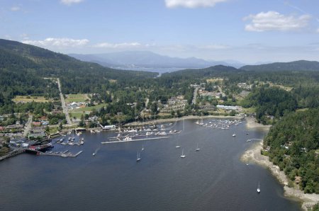 The marinas at the far end of Ganges Harbour, Salt Spring Island, British Columbia, Canada
