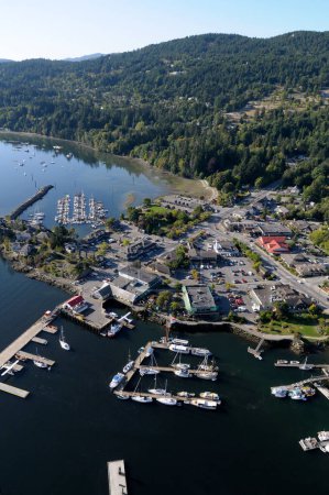Ganges aerial photograph with the Kanaka dock in the foreground, Salt Spring Island, British Columbia, Canada