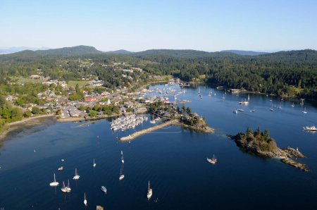 Ganges from the air with Grace Islet on the right, Salt Spring Island, British Columbia, Canada