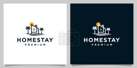 Illustration for House logo design template with Tropical beach and palm tree design vector illustration. home stay or hotel icon, symbol, creative. - Royalty Free Image