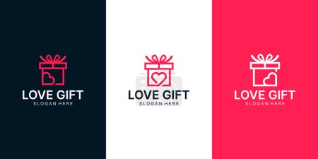 Téléchargez les illustrations : Ensemble de modèle de conception de logo de boîte-cadeau avec l'illustration graphique de coeur d'amour. icône, symbole, créatif. - en licence libre de droit