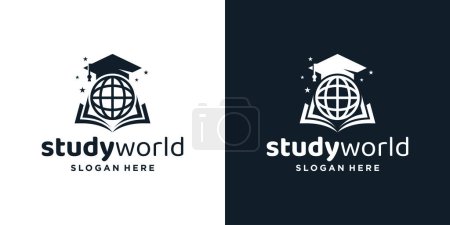 College, Graduation cap, Campus, Education logo design with world book graphic vector illustration. Symbol, icon, creative.