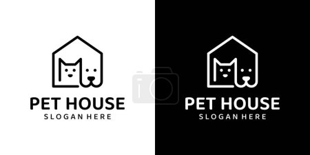 Ilustración de Plantilla de diseño del logotipo de Pet House. Perro y gato con ilustración vectorial gráfica de diseño de línea de arte de casa. Símbolo, icono, creativo. - Imagen libre de derechos