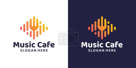 Music cafe logo design template. Sound audio wave with spoon fork graphic design vector. Symbol, icon, creative.