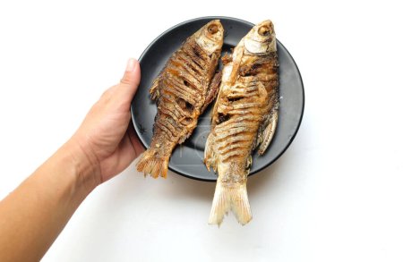 Téléchargez les photos : Femme une main tenant une savoureuse carpe frite (Barbonymus gonionotus) poisson dans une plaque de céramique isoler noir sur un fond blanc. photographie alimentaire - en image libre de droit
