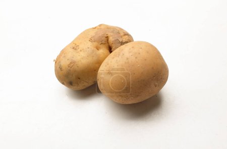Téléchargez les photos : Tas de pommes de terre fraîches crues pour bébés (Solanum tuberosum) ou isolat de pommes de terre jeunes sur fond blanc - en image libre de droit