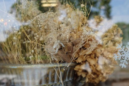 Un jarrón de flor seca en color marrón puesto en la mesa, el fondo es una flor seca delante del vidrio de la ventana.Decoración interior del hogar flores secas en jarrón de vidrio en la decoración de la sala de estar. 