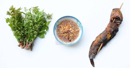 arriba ver un Neem, árbol de neem siamés, (Azadirachta indica) vegetal con salsa dulce (nombre tailandés es Sadao nam pla wan) y bagre a la parrilla en la cocina prepararse para servir, comida tradicional tailandesa 