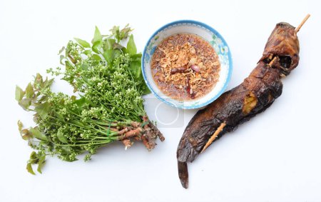 top view a  Neem, Siamese neem tree,(Azadirachta indica)  vegetable  with Sweet Sauce (Thai name is Sadao nam pla wan) and Grilled catfish in the kitchen prepare for serving , Thai traditional food 
