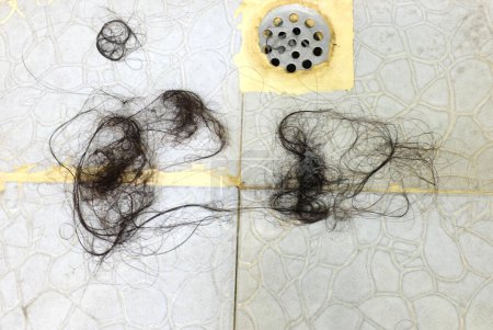 Photo for Long hair pile falling down , Hair loss after shower and washing head skin on floor in bathroom.Waste hair fragments cause Clogged pipe in the bathroom,Problem of cleaning drain. - Royalty Free Image