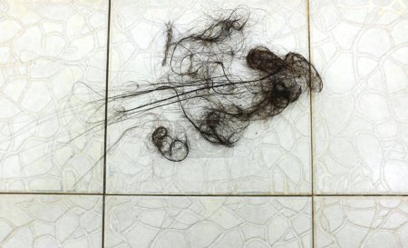 pile de cheveux longs tombant, perte de cheveux après la douche et laver la peau de la tête sur le sol dans la salle de bain. fragments de cheveux de déchets causent tuyau bloqué dans la salle de bain, Problème de vidange de nettoyage.