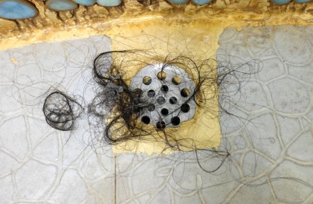 Long hair pile falling down , Hair loss after shower and washing head skin on floor in bathroom.Waste hair fragments cause Clogged pipe in the bathroom,Problem of cleaning drain.