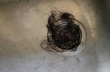 Photo for Close up a waste hair fragments cause clogged pipe in the sink in kitchen drain.housekeeping concept - Royalty Free Image