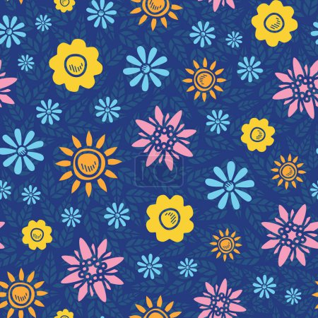 Illustration for Vector repeat pattern background illustration with fresh, hand-drawn fragrant floral spring blossom doodles. Surface Pattern Design. Great for home decor, wrapping paper, invitation projects - Royalty Free Image