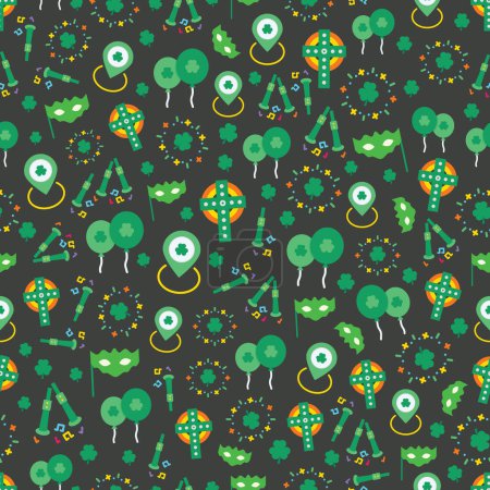 Ilustración de Celebrate this Saint Patricks day with this cool vector repeat pattern with ceilidh, shamrock, cross, balloons, trumpet, flute - Imagen libre de derechos