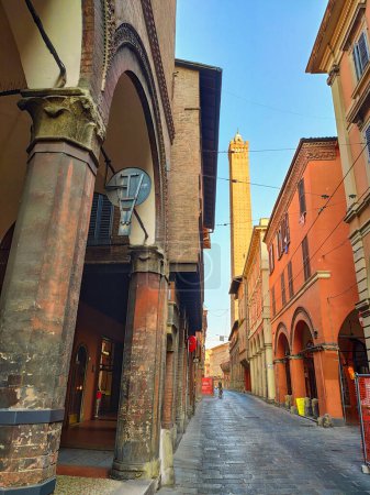 Garisenda tower seen from Maggiore street, Bologna city, Emilia Romagna, Italy