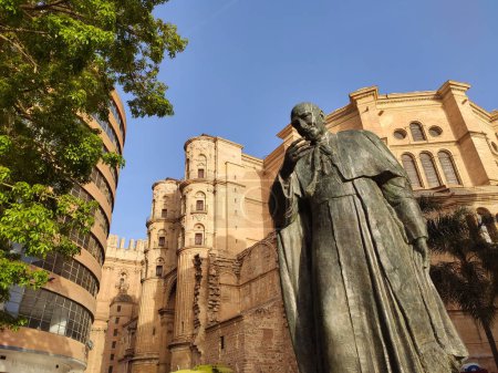 Photo for Herrera Oria cardinal statue and Cathedral in background, Malaga city, Andalusia, Spain, Europe - Royalty Free Image