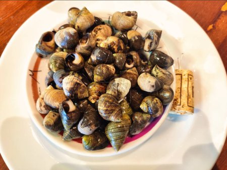 Téléchargez les photos : Bigaros, escargots de mer cuits, accompagnement typique lors de la consommation de cidre dans les Asturies, Espagne, Europe - en image libre de droit