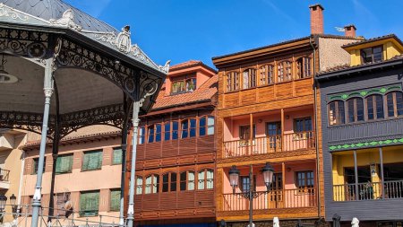 typical balconies and facades, Norea village, Asturias, Spain, Europe