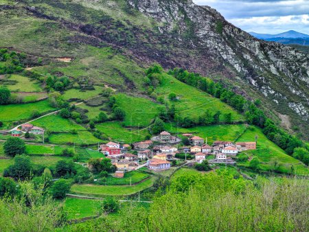 Wiesen und Pena Manteca im Hintergrund, Gemeinde Belmonte de Miranda, Asturien, Spanien