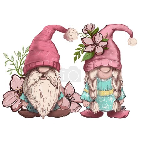 Gnomes illustration, hand draw sketch, digital art spring 