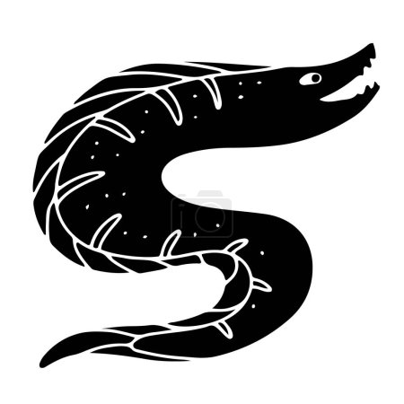 Illustration for Cute smiling moray eel, isolated vector illustration in silhouette or linocut style - Royalty Free Image