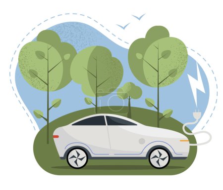Illustration for Simple scene with modern electric car, trees and blue sky, concept of sustainable living, protecting environment. SIolated vector illustration in flat design with textured effect - Royalty Free Image