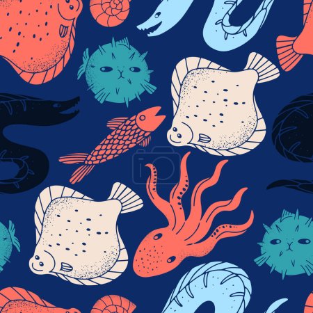 Illustration for Cute hand drawn vector seamless pattern with marine fish and animals in linocut design - Royalty Free Image