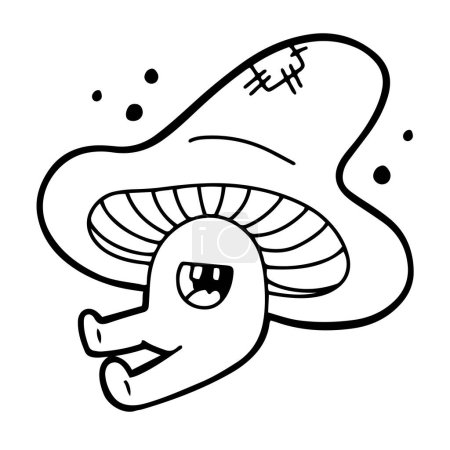 Téléchargez les illustrations : Drôle de petit champignon souriant avec des jambes et un grand chapeau de champignon, dessiné à la main dans un style linéaire, contour audacieux. Illustration vectorielle isolée - en licence libre de droit