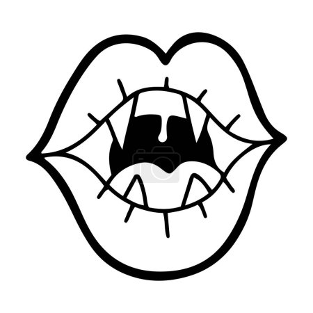 Téléchargez les illustrations : Lèvres vampires souriantes drôles avec crocs, dessinées à la main dans un style linéaire, contour audacieux, illustration vectorielle isoaltée - en licence libre de droit