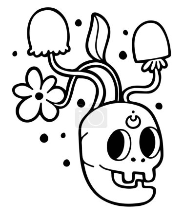 Téléchargez les illustrations : Crâne souriant frais dessiné à la main avec des champignons et des fleurs poussant sur sa tête, illustration vectorielle de dessin animé de style ligne - en licence libre de droit