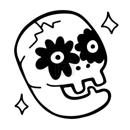 Téléchargez les illustrations : Tête de crâne joyeuse dessinée à la main avec des fleurs dans les yeux, décorée d'étincelles. Pensée positive. Illustration vectorielle isolée drôle - en licence libre de droit