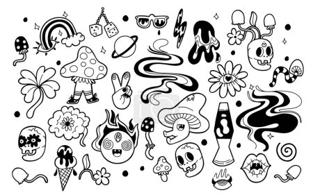 Téléchargez les illustrations : Big hand drawn set with psychedelic characters and objects in bold line design. Isolated vector illustration with acid abstracts - en licence libre de droit