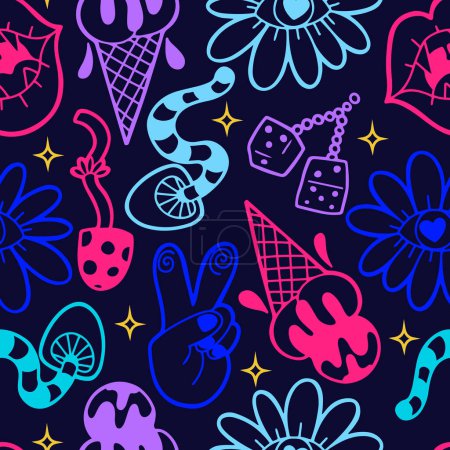 Téléchargez les illustrations : Hand drawn vector seamless pattern with  neon psychedelic objects, trippy rave design - en licence libre de droit