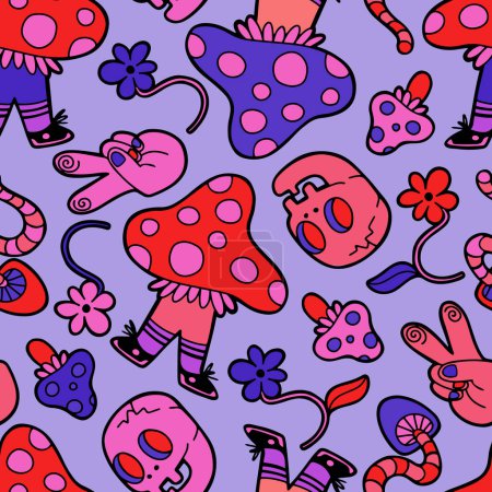 Illustration for Hand drawn vector seamless pattern with trippy objects and mushrooms - Royalty Free Image