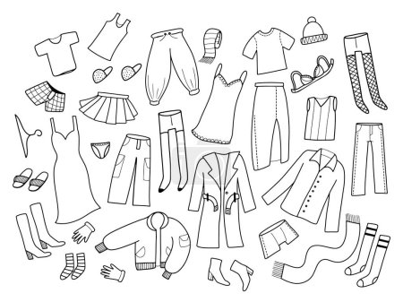 Ilustración de Conjunto dibujado a mano grande con ropa casual en el diseño de doodle contorno, ilustración vectorial aislada - Imagen libre de derechos