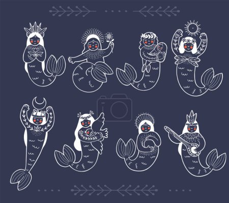 Illustration for Big set with only line designed folklore mermaids in cute doodle style, isolated vector illustration on a deep blue background - Royalty Free Image