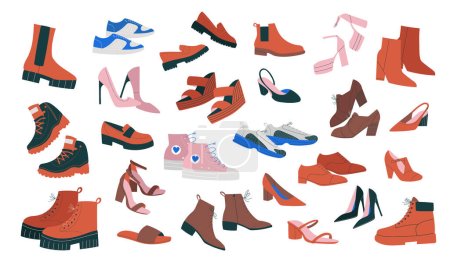 Ilustración de Gran conjunto con diferentes zapatos, botas y otros calzados. Ilustración vectorial aislada dibujada a mano en diseño plano - Imagen libre de derechos