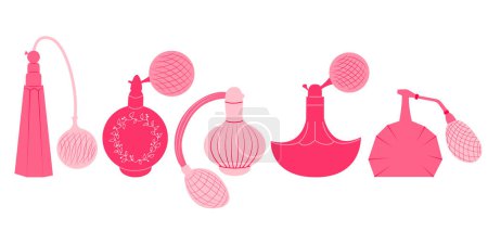 Illustration for Retro pink perfume bottles, girly old fashioned fragrances. Hand drawn isolated vector illustration in flat style - Royalty Free Image