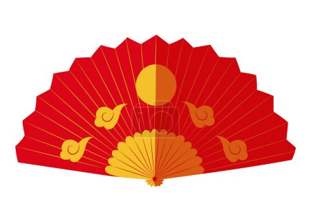 Illustration for Sensu Japanese traditional hand fan in red color, decorated with clouds and sun, isolated vector illustration in flat design - Royalty Free Image