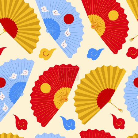 Illustration for Vector seamless pattern with colorful traditional Asian cooling fans - Royalty Free Image