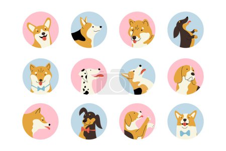 Ilustración de Set con iconos en forma de círculo con diferentes retratos de perros, dachshund, Shiba Inu, Corgi, Dalmacia y Beagle. Ilustración vectorial dibujada a mano - Imagen libre de derechos