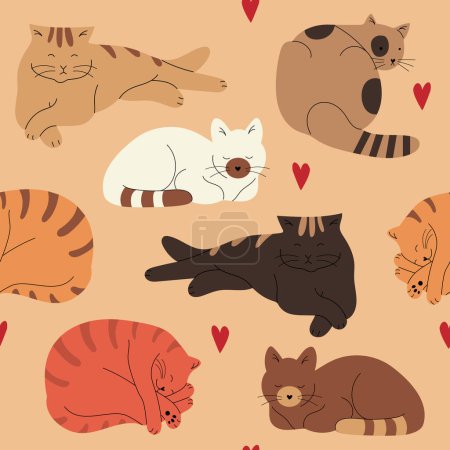 Illustration for Vector seamless pattern with different color cats, lying down, sleeping and relaxing. Hand drawn in flat doodle style - Royalty Free Image