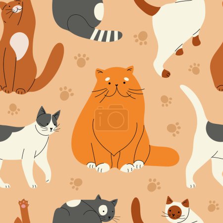 Illustration for Vector seamless pattern with different cute domestic cats, hand drawn in flat design - Royalty Free Image