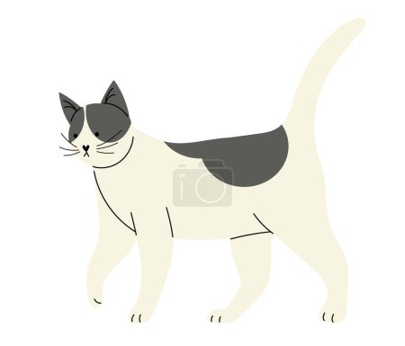 Illustration for Cute ordinary cat with black spots, hand drawn vector illustration in flat style, isolated on white background - Royalty Free Image