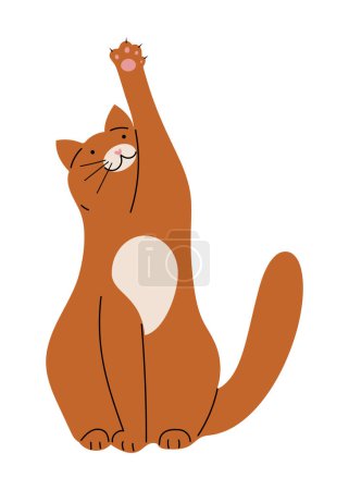 Illustration for Playful brown cat, reaching its paw for something above. Hand drawn vector illustration in flat design, isolated on white - Royalty Free Image