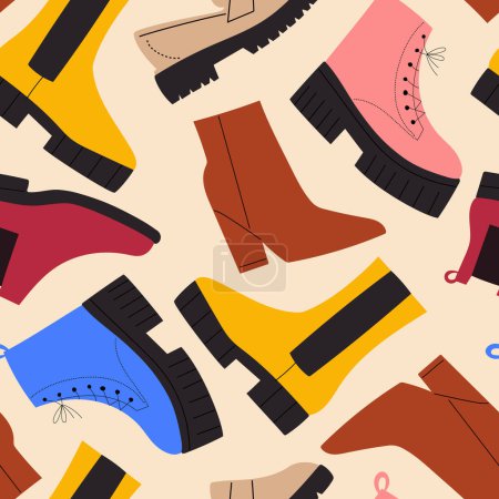 Patrón sin costuras con zapatos y botas de colores, calzado moderno con estilo. Ilustración vectorial dibujada a mano