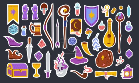 Ilustración de Juego grande con ilustraciones de pegatinas Dungeons and Dragons, objetos de juego de mesa de rol, vector aislado dibujado a mano - Imagen libre de derechos