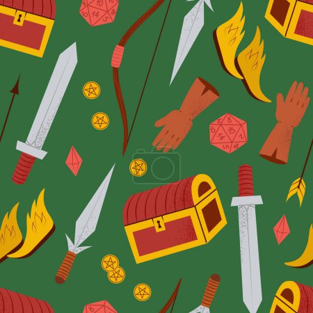 Seamless pattern with role playing board game adventure objects, treasure chest, swords, bow and dices, hand drawn vector illustration with green background