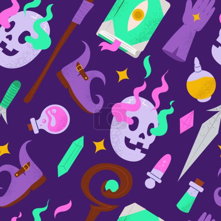 Seamless pattern with Wizard and Warlock objects and equipment, dark sorcerer. Hand drawn vector illustration
